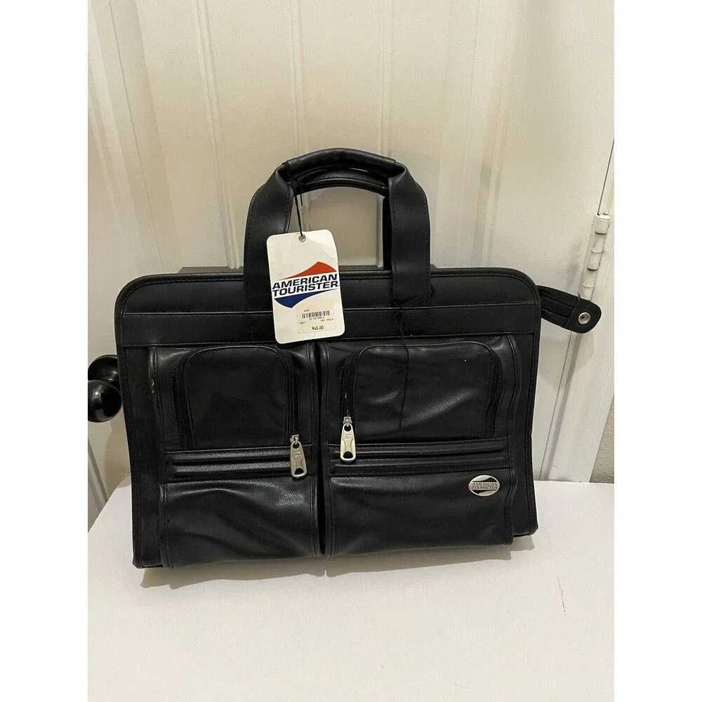 American Tourister Black Faux Leather Carry On Luggage Bag Suitcase Travel NEW